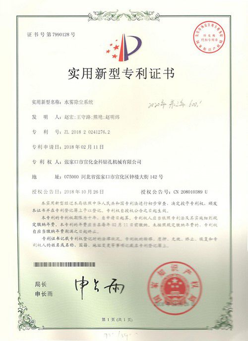 Patent Certificate – Water Spray Dedusting System